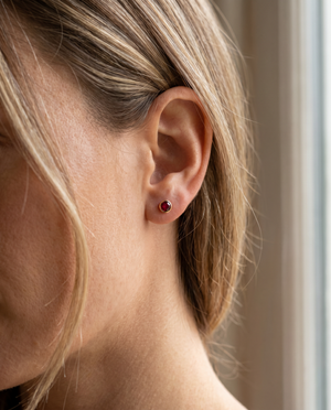 Aris Birthstone Stud Earring in gold on a woman's ear