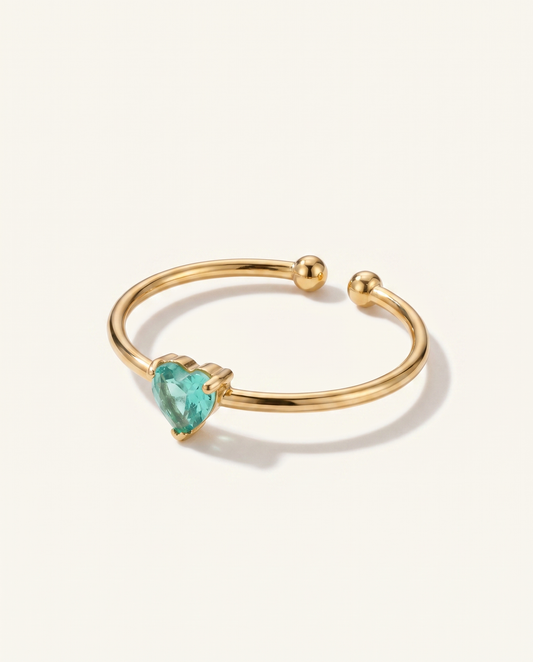 Amour Birthstone Adjustable Ring in gold with aqua heart stone