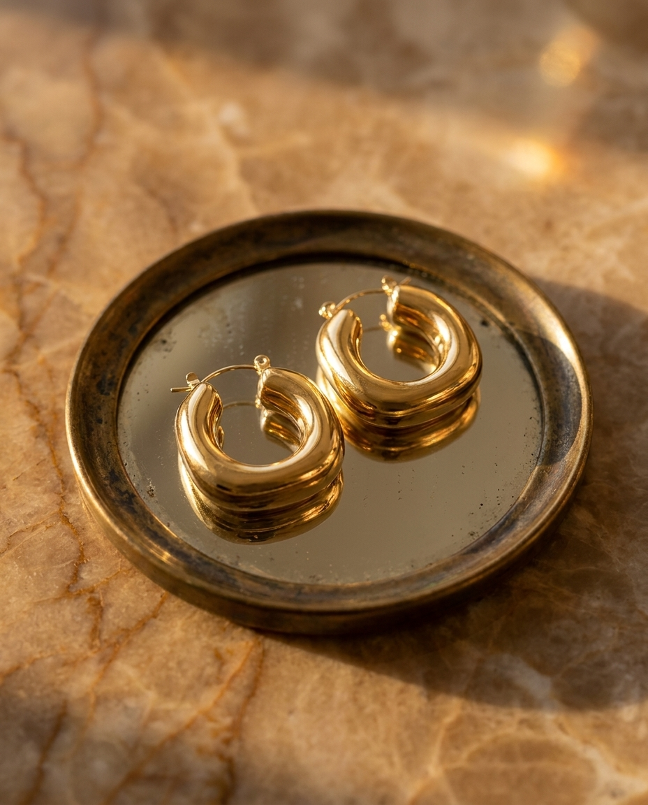 Slavena Bold Hoop Earrings on antique brass mirror