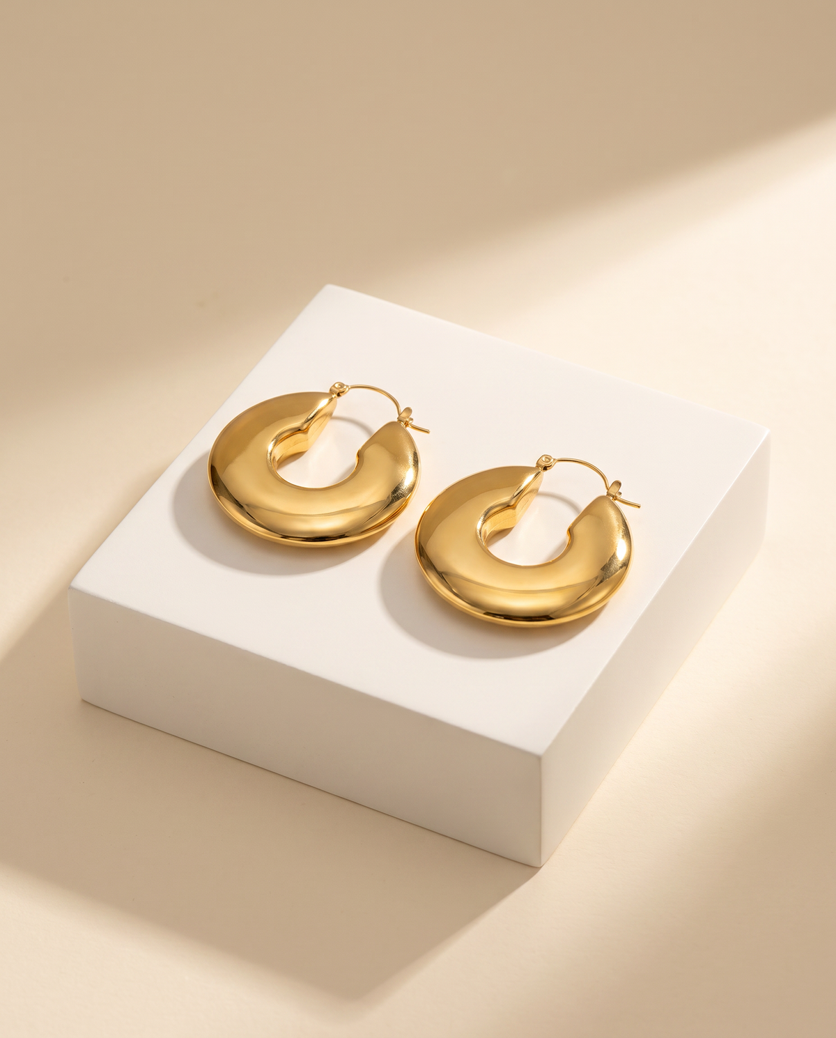 Vera Bold Hoop Earrings, 18K gold-plated stainless steel with PVD mirror finish, bold flat coin-shape design