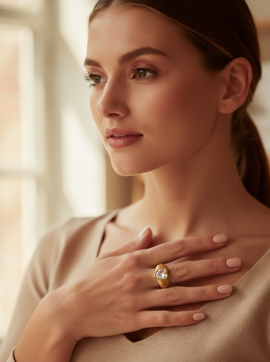 Model wearing the Martina gold heart ring with hand over heart