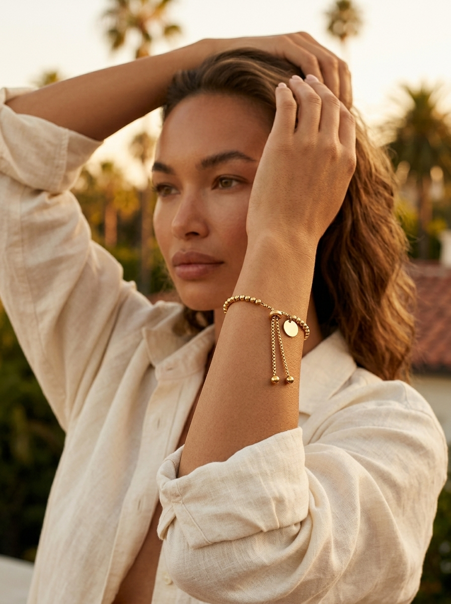 Woman in a cream linen shirt wearing Perla Beaded Bracelet at golden hour with palm trees