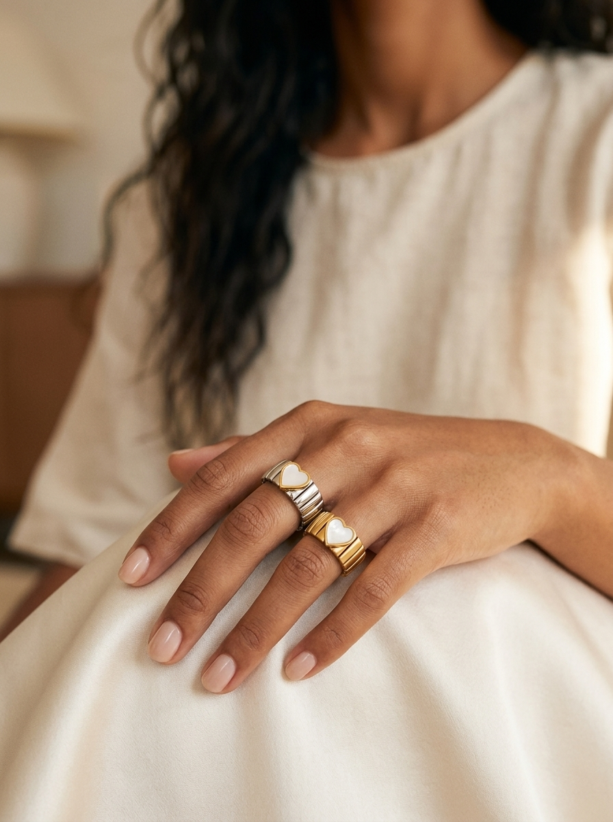 Model wearing stacked gold and silver two-tone Noa Heart Band Rings on natural nude nails