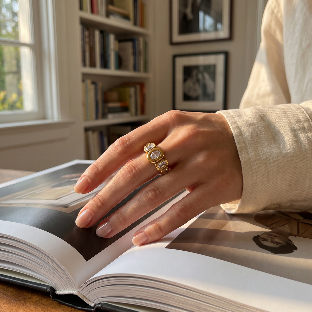 Luma Ring worn on the hand, 18k gold-plated statement ring with cubic zirconia stones